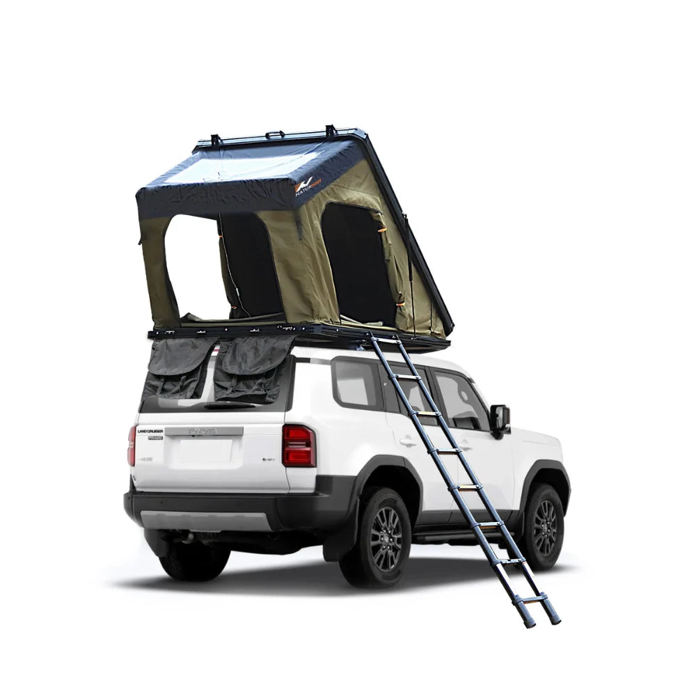 Naturnest Polaris 2 roof top tent mounted on vehicle with double-layer fabric and spacious interior for camping