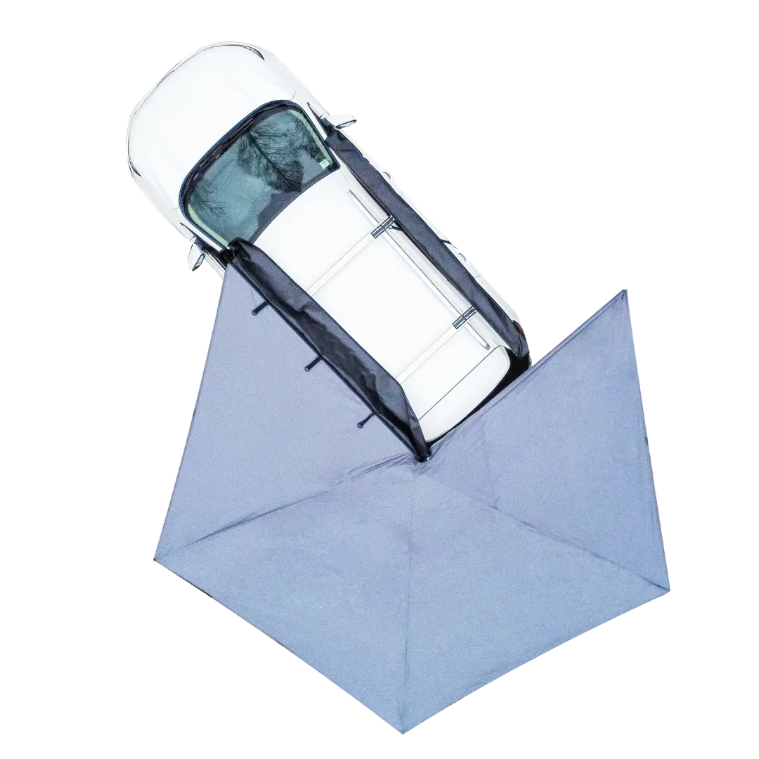 Naturnest 270-degree car awning extended from vehicle showing spacious shaded area with camping setup underneath