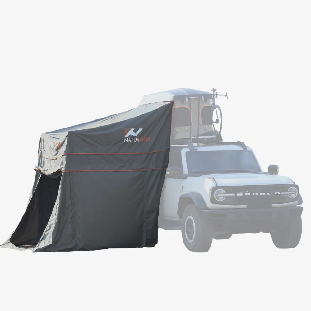 Naturnest Mini Annex Room rooftop tent with straight supports creating a private sleeping annex for outdoor adventures