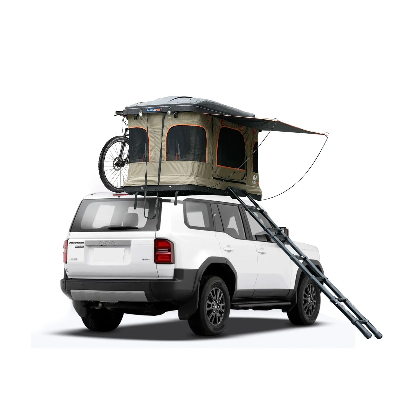 Naturnest Orion Mini compact rooftop tent mounted on vehicle roof with ladder extended