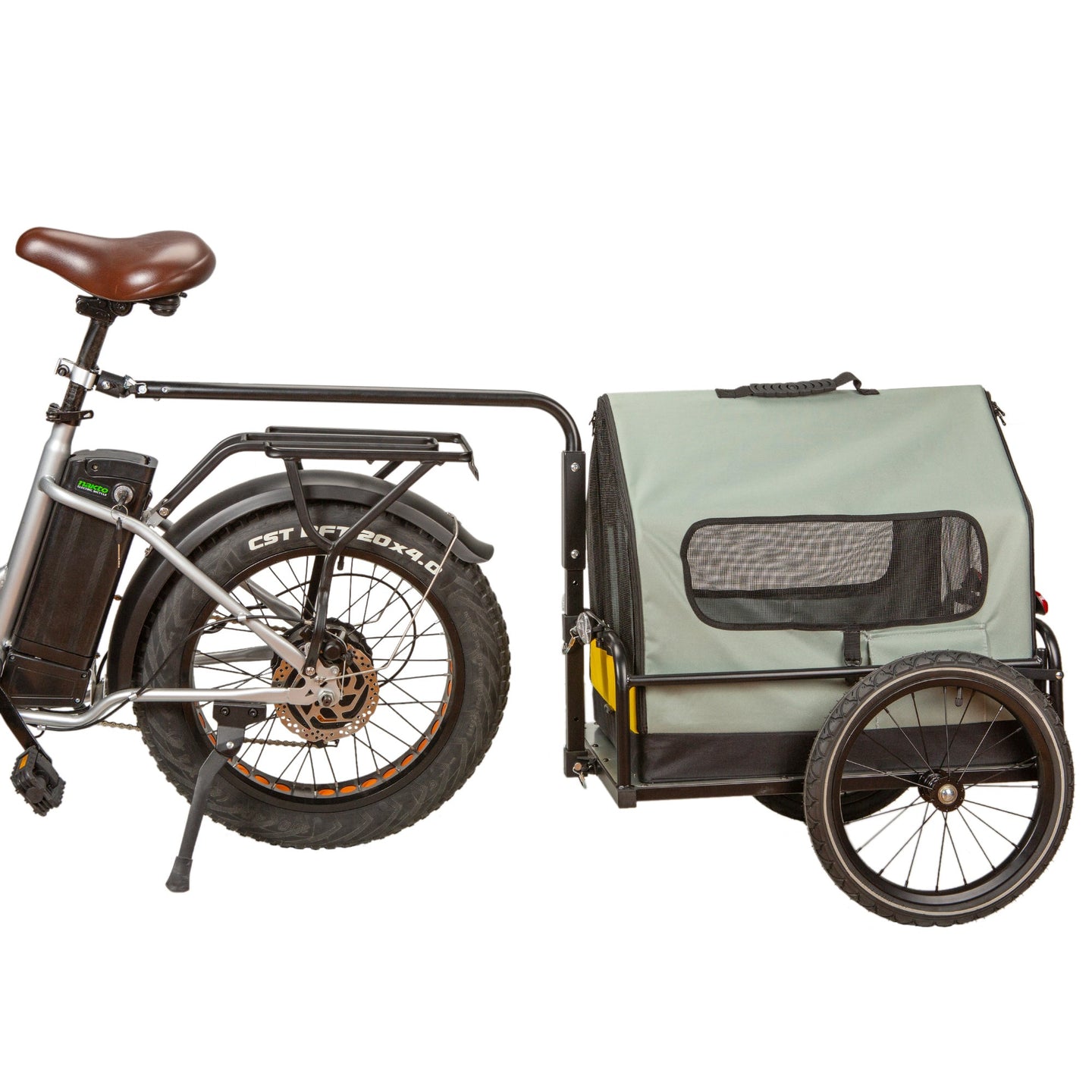 NAKTO pet bike trailer attached to bicycle with mesh windows showing interior space for pet transportation