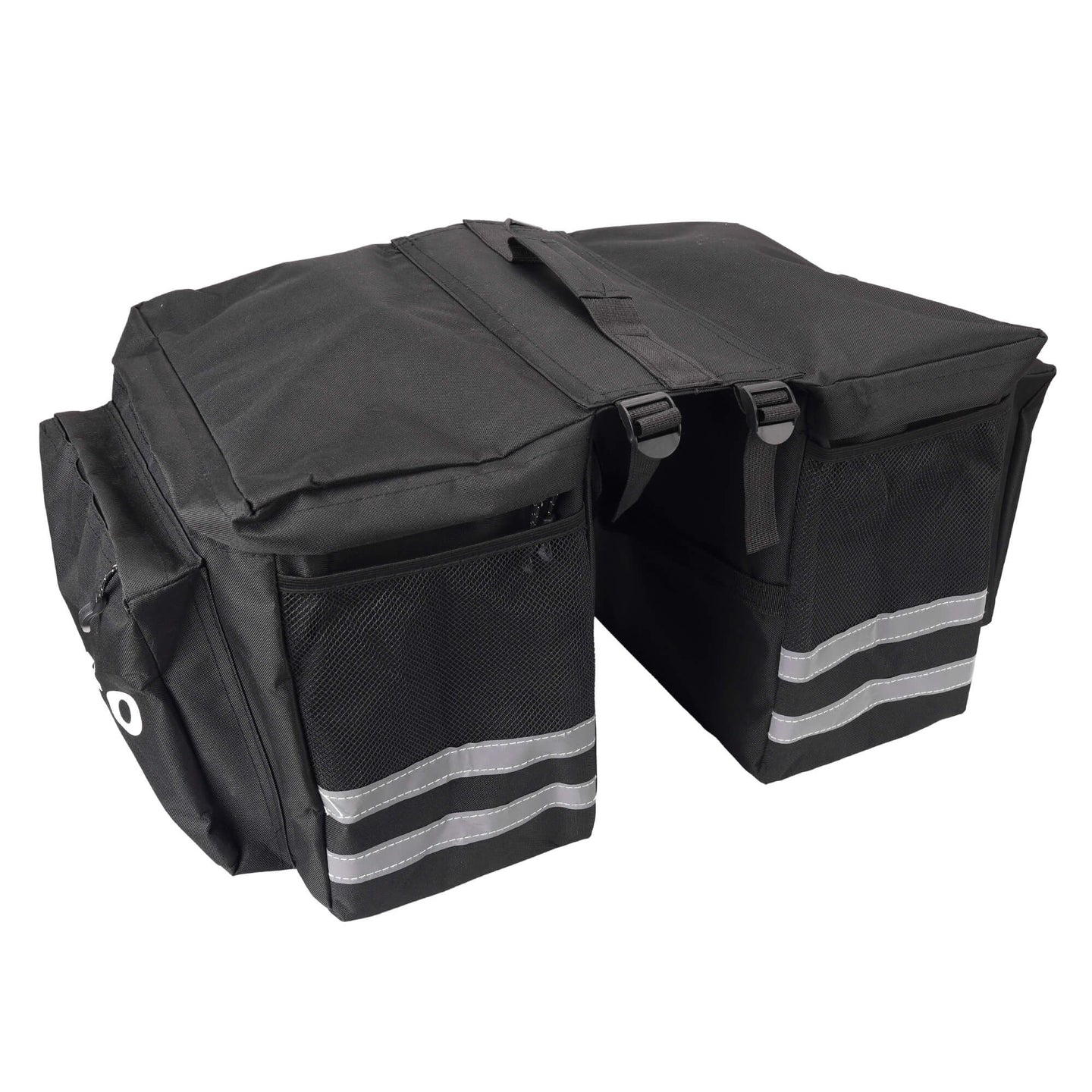 NAKTO waterproof bicycle pannier bag with reflective strips and multiple compartments mounted on bike rack