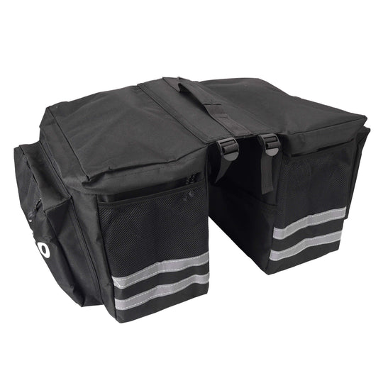 NAKTO waterproof bicycle pannier bag with reflective strips and multiple compartments mounted on bike rack