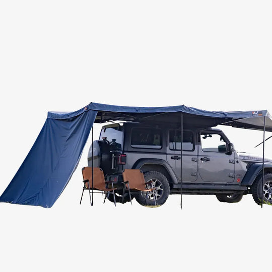 Naturnest Side Tent 270 Plus attached to awning creating expanded sheltered camping area with Velcro connection