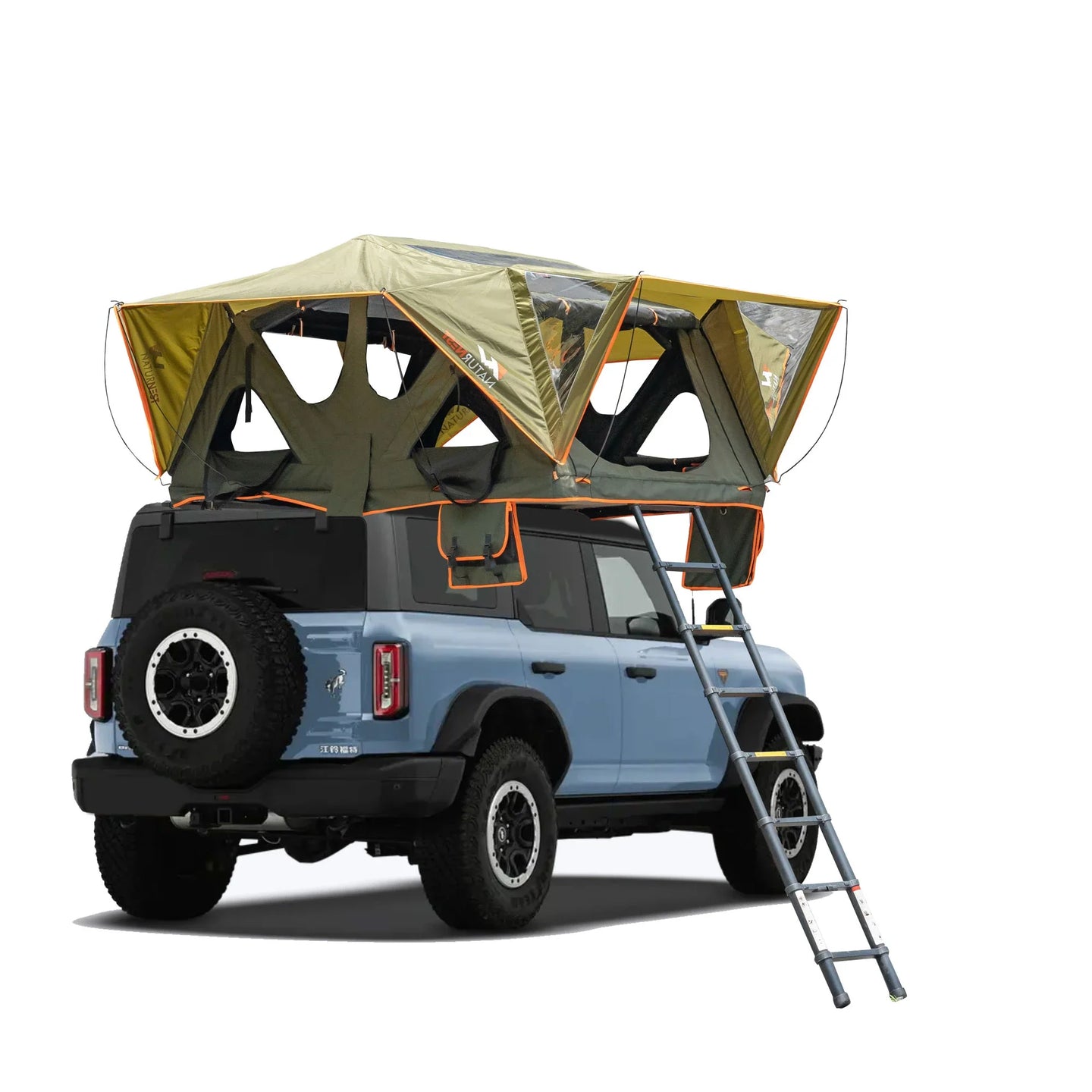 Dark green family camping tent with spacious interior and integrated mattress setup in natural outdoor setting