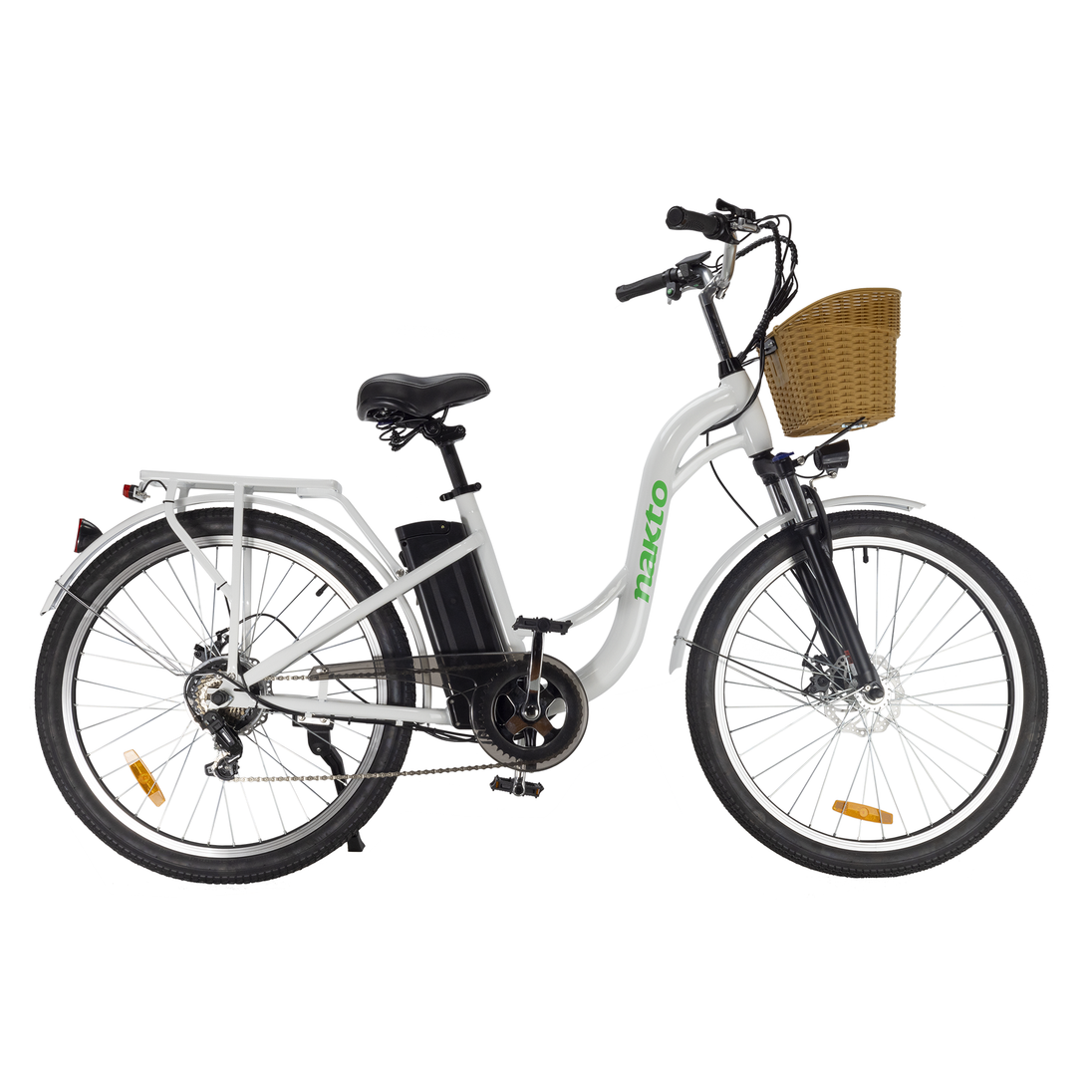 NAKTO Step-Thru electric bicycle with cruiser frame, battery pack, and comfortable saddle for easy urban commuting