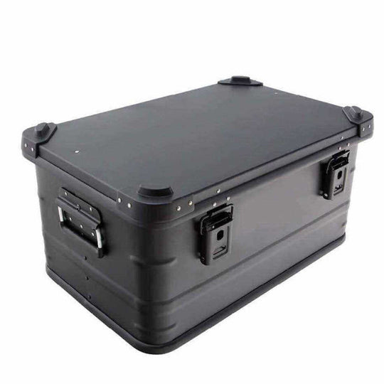 Overland Vehicle Systems aluminum storage box with black powder-coated finish, metal latches, and 53-quart capacity for outdo