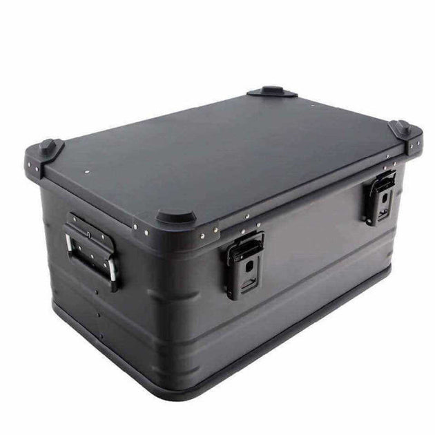 Overland Vehicle Systems aluminum storage box with black powder-coated finish, metal latches, and 53-quart capacity for outdo