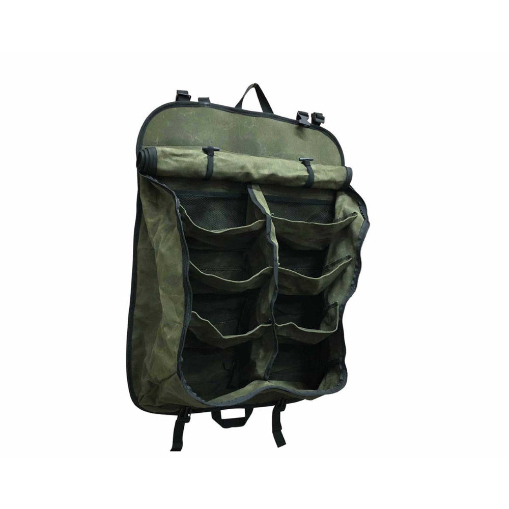 Overland Vehicle Systems waxed canvas storage bag with leather handles and metal hardware for camping gear organization
