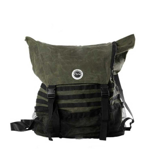 Overland Vehicle Systems waxed canvas trash bag mounted on vehicle tire with durable straps and reinforced construction
