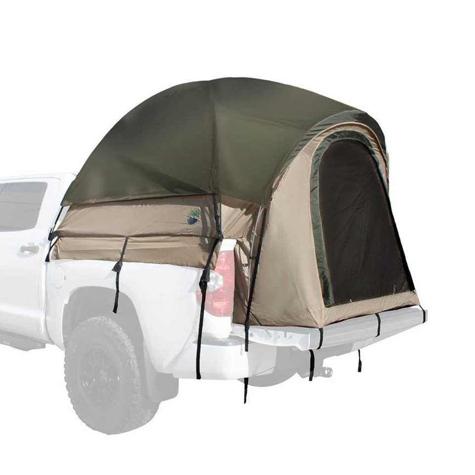 Overland Vehicle Systems truck bed tent set up in pickup truck with mesh windows and rainfly