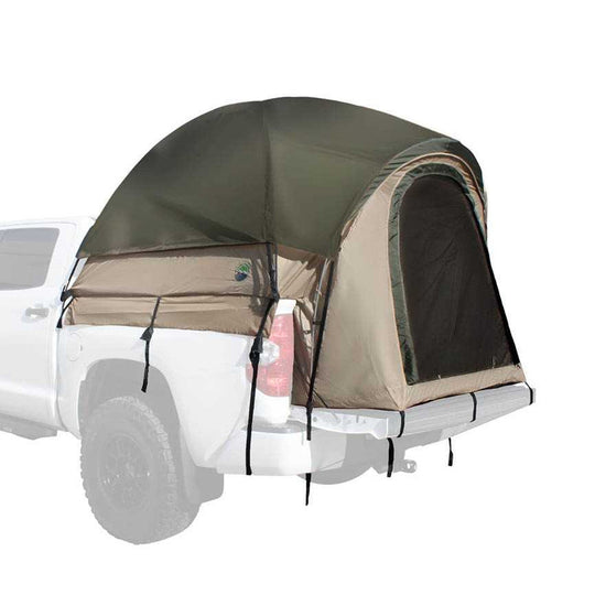 Overland Vehicle Systems truck bed tent set up in pickup truck with mesh windows and rainfly