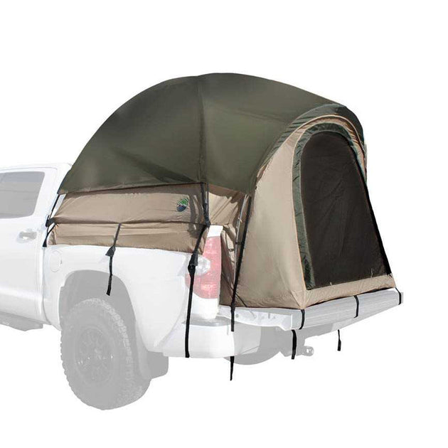 Overland Vehicle Systems truck bed tent set up in pickup truck with mesh windows and rainfly