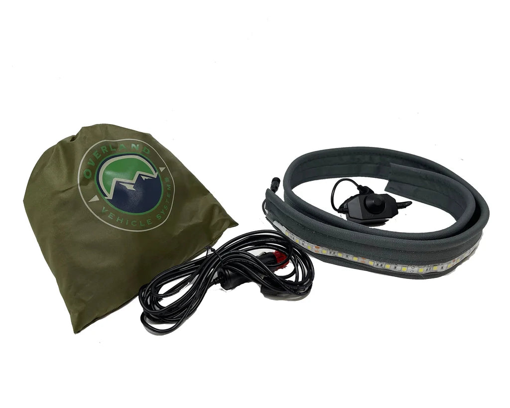 Overland Vehicle Systems 47-inch flexible LED light strip with dimmer control mounted on rooftop tent interior