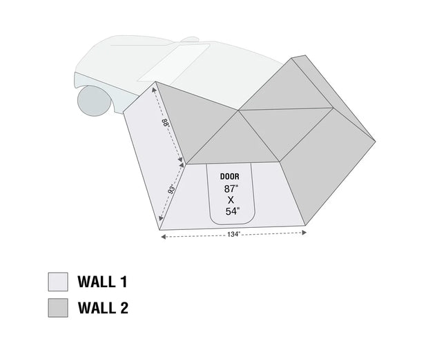 Overland Vehicle Systems Awning Wall attached to Nomadic Lite 270 awning creating enclosed outdoor shelter space