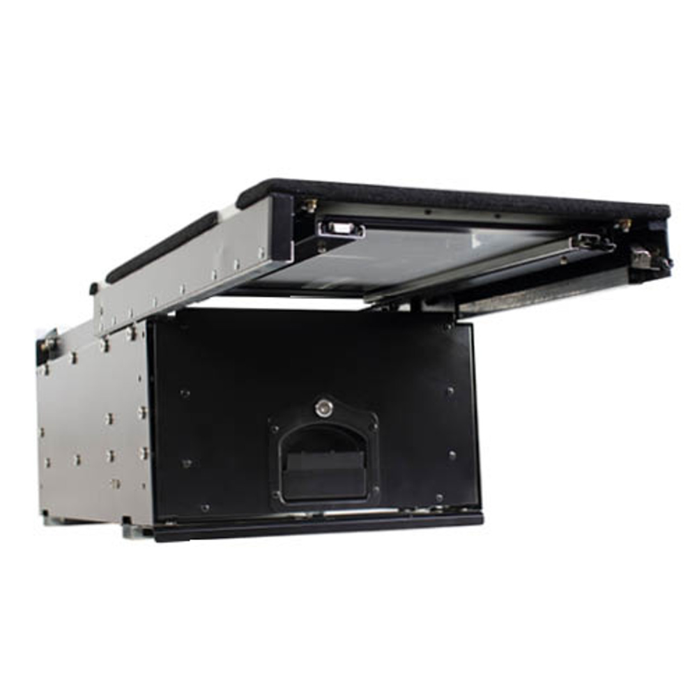 Overland Vehicle Systems cargo box with slide-out drawer workstation mounted in vehicle trunk