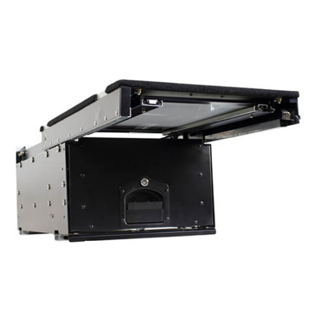 Overland Vehicle Systems cargo box with slide-out drawer workstation mounted in vehicle trunk