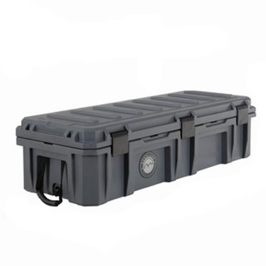 Dark grey Overland Vehicle Systems 117 Qt Dry Box with secure latches and textured surface for outdoor gear storage