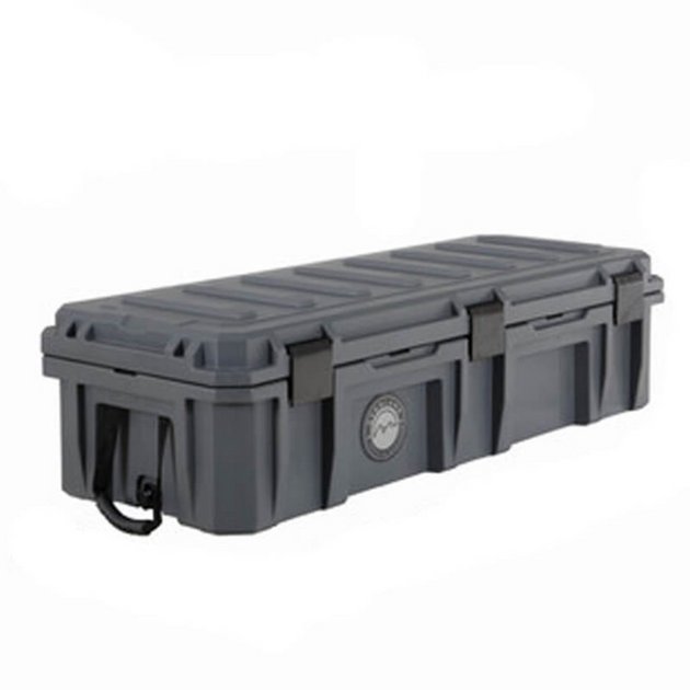 Dark grey Overland Vehicle Systems 117 Qt Dry Box with secure latches and textured surface for outdoor gear storage