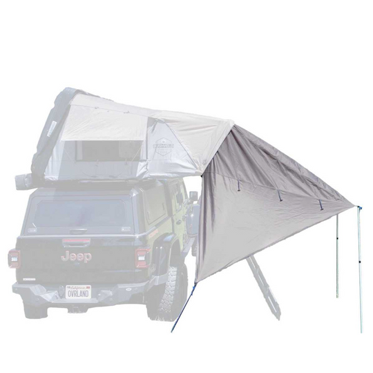 Overland Vehicle Systems Bushveld hard shell roof top tent awning deployed for camping shelter
