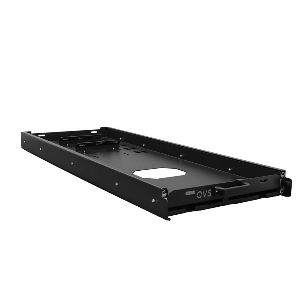 Black powder-coated Overland Vehicle Systems fridge slide mounted in vehicle with refrigerator secured on sliding platform