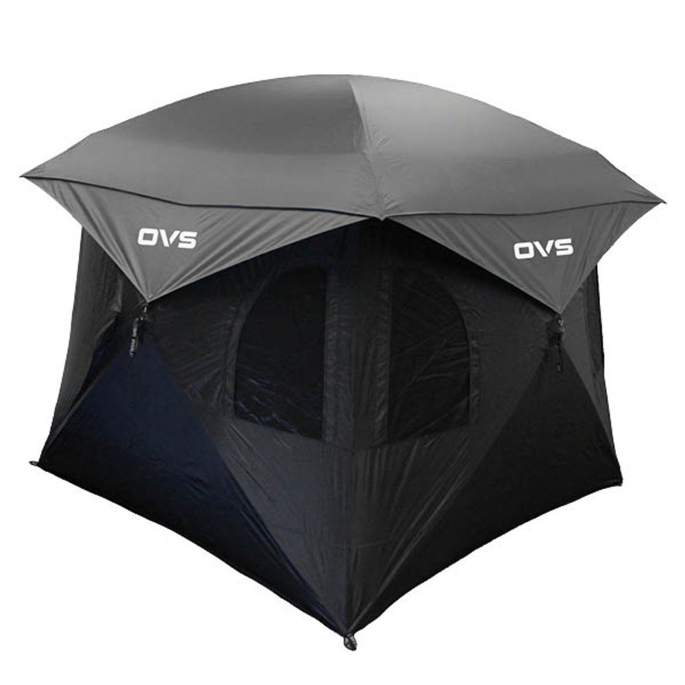 Overland Vehicle Systems Hubcentric Ground Tent with black fabric body and grey waterproof rainfly set up in outdoor environm