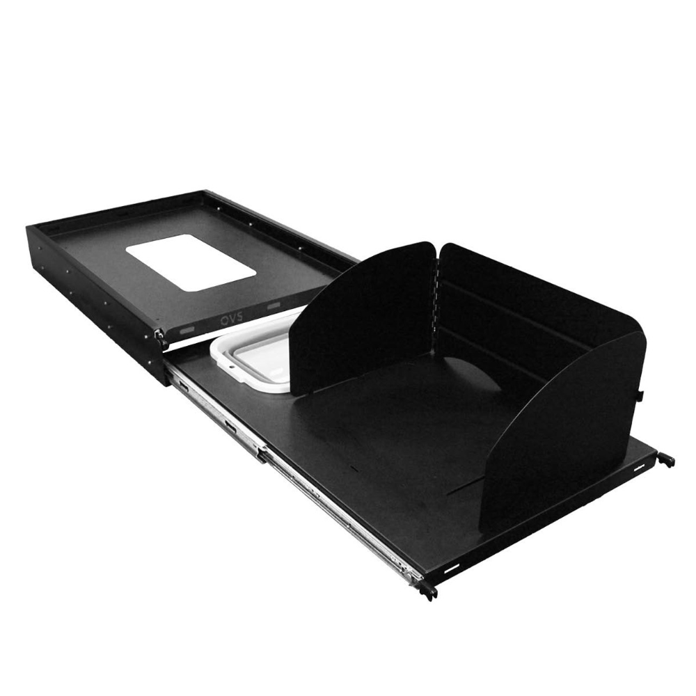 Overland Vehicle Systems large refrigerator tray and sink slide mounted in vehicle with integrated sink and food preparation 