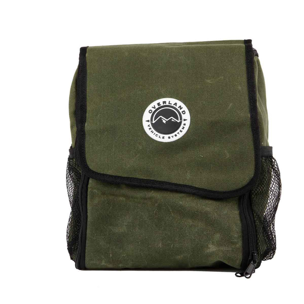 Overland Vehicle Systems wax canvas overnight bag with leather straps and multiple compartments for organized travel gear sto