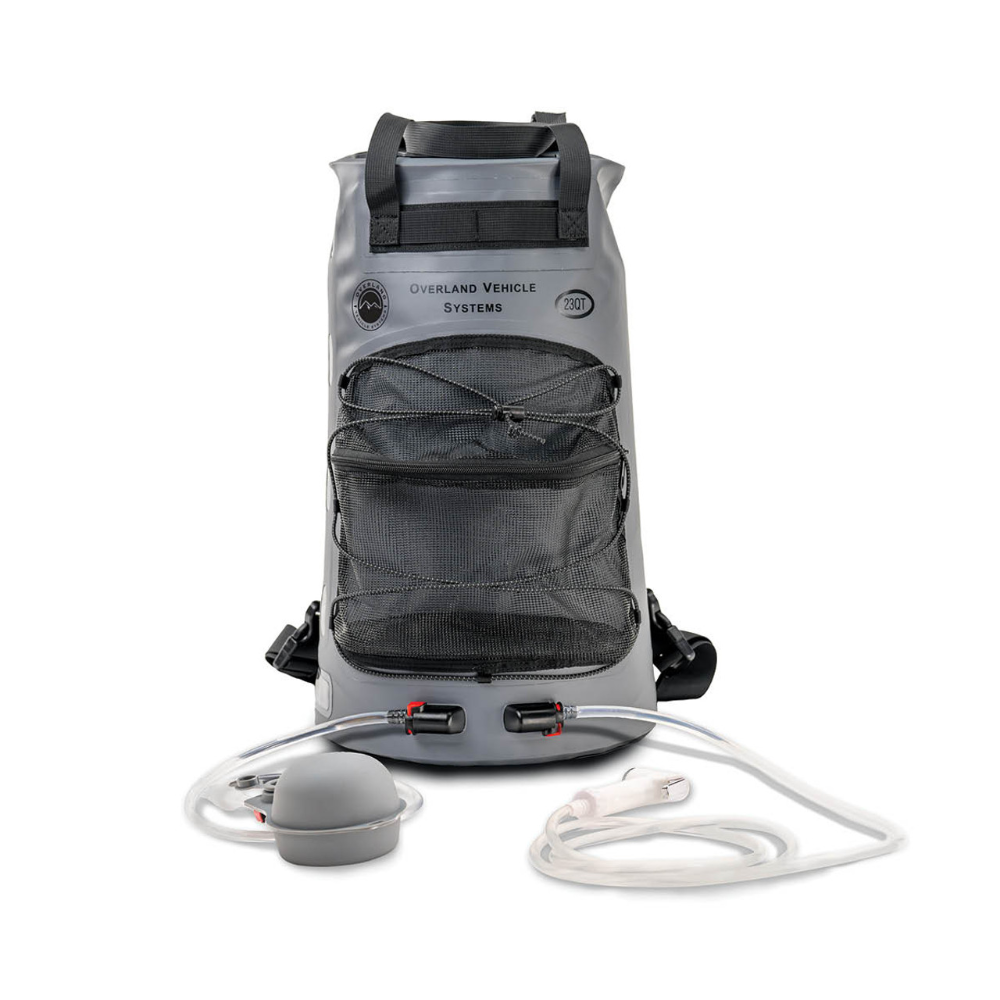 Overland Vehicle Systems portable camp shower unit with 23-quart capacity, black finish and shower nozzle attachment