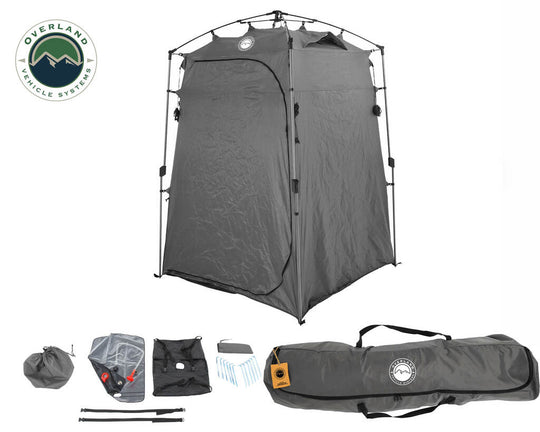 Overland Vehicle Systems portable privacy room shelter set up in outdoor environment with retractable flooring and shower sys