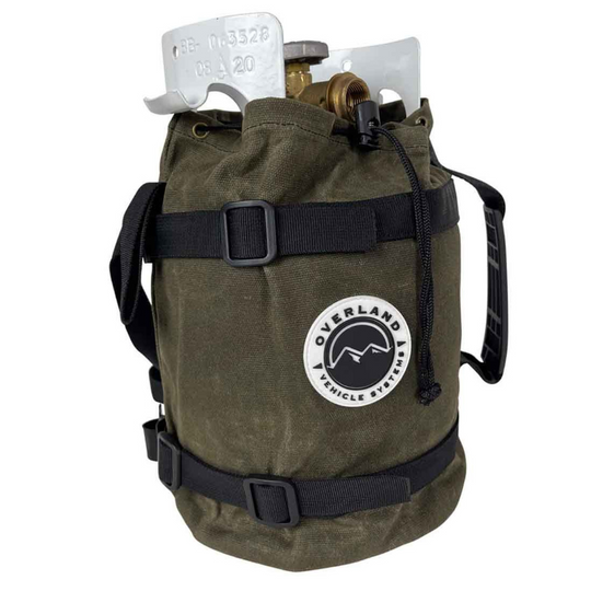 Overland Vehicle Systems waxed canvas propane storage bag securely holding a 5lb propane tank