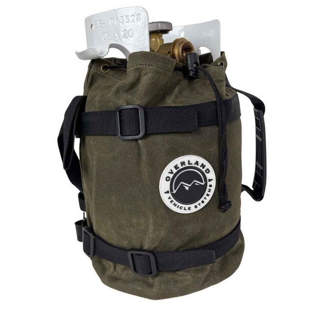 Overland Vehicle Systems waxed canvas propane storage bag securely holding a 5lb propane tank