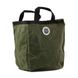 Overland Vehicle Systems waxed canvas tote bag with leather handles and metal hardware, shown in rugged outdoor setting