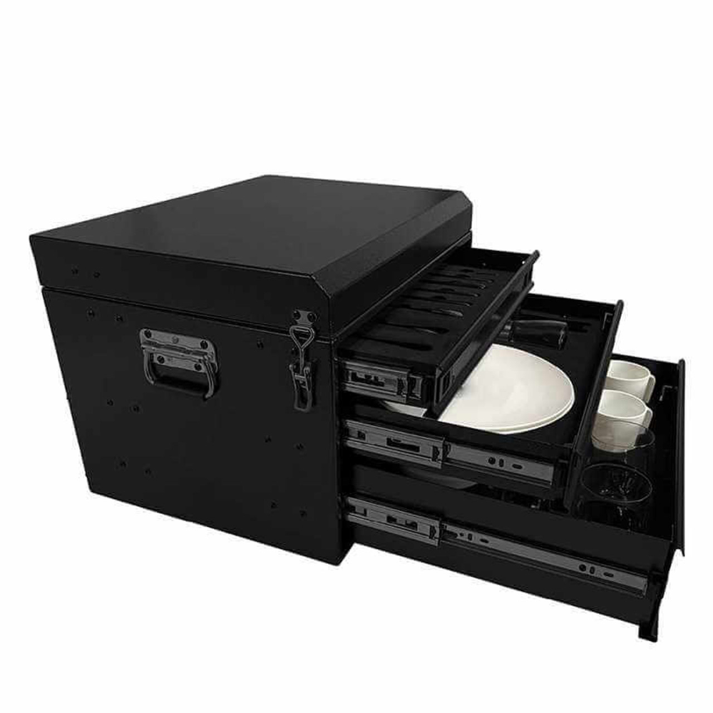 Overland Vehicle Systems 39-piece black powder coat utensil set with various cooking tools organized in a roll