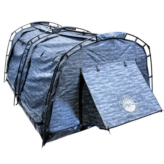 Overland Vehicle Systems Khumbu 2 person swag tent set up in outdoor environment with blackout fabric