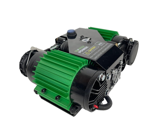 Overland Vehicle Systems EGOI dual motor air compressor mounted on vehicle with heavy-duty construction and cooling fins