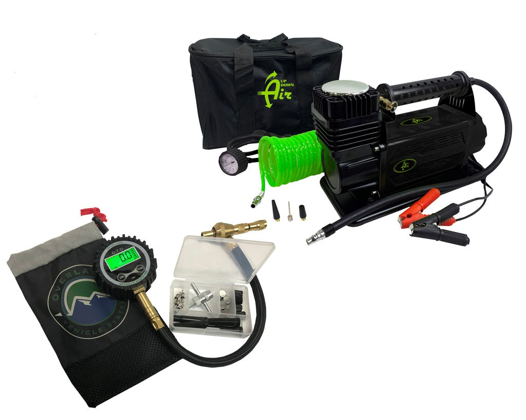 Overland Vehicle Systems portable air compressor system with digital tire deflator unit and coiled air hose for off-road vehi