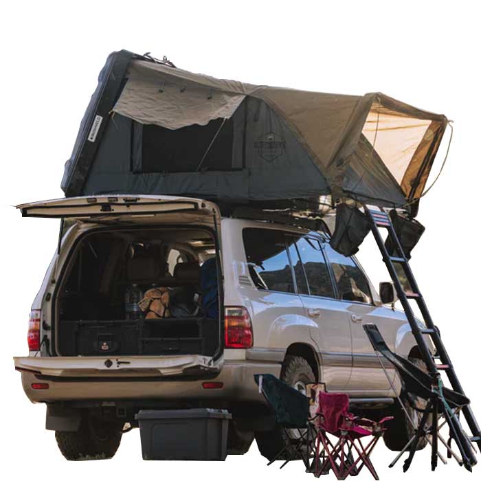 Overland Vehicle Systems Bushveld II hard shell rooftop tent mounted on vehicle roof with ladder extended