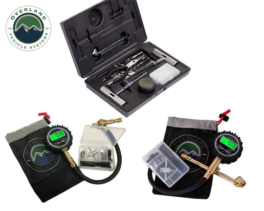 Overland Vehicle Systems digital tire deflator gauge and repair kit with digital display, air hose, and repair tools on rugge