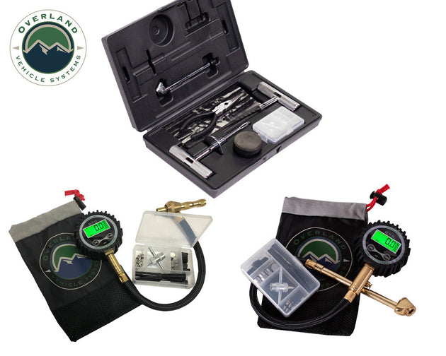 Overland Vehicle Systems digital tire deflator gauge and repair kit with digital display, air hose, and repair tools on rugge