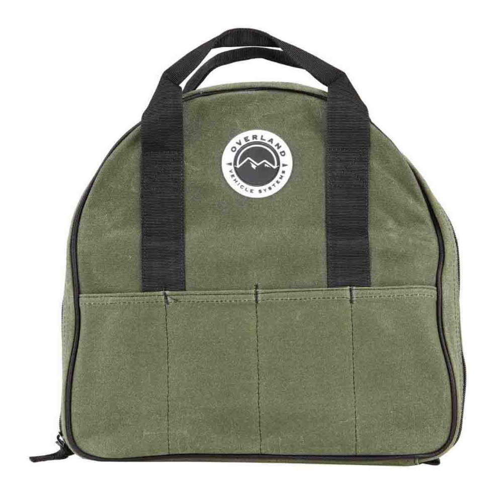 Overland Vehicle Systems jumper cable storage bag made of rugged waxed canvas with durable zipper and carrying handle