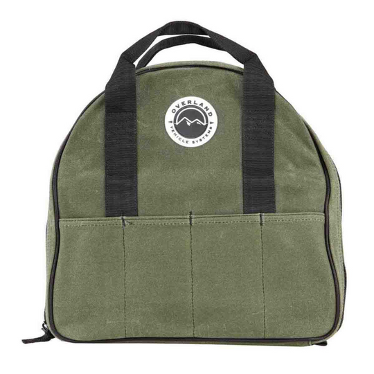 Overland Vehicle Systems jumper cable storage bag made of rugged waxed canvas with durable zipper and carrying handle