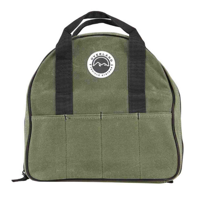 Overland Vehicle Systems jumper cable storage bag made of rugged waxed canvas with durable zipper and carrying handle
