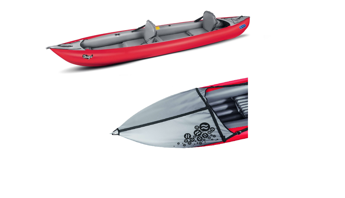 Red and gray inflatable kayak on a white background