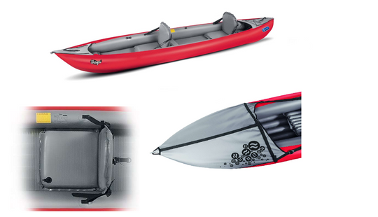 Red inflatable kayak with a close-up of the interior and side view on a white background