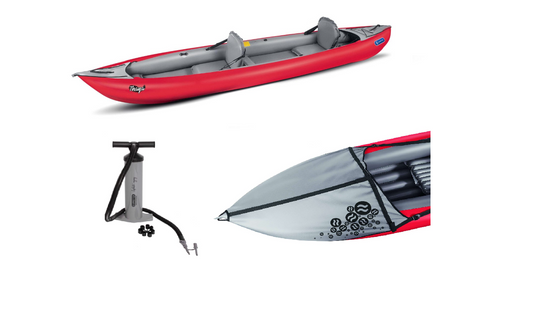 Red inflatable kayak with pump and partially inflated kayak on a white background