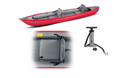 Red inflatable kayak with pump on a white background