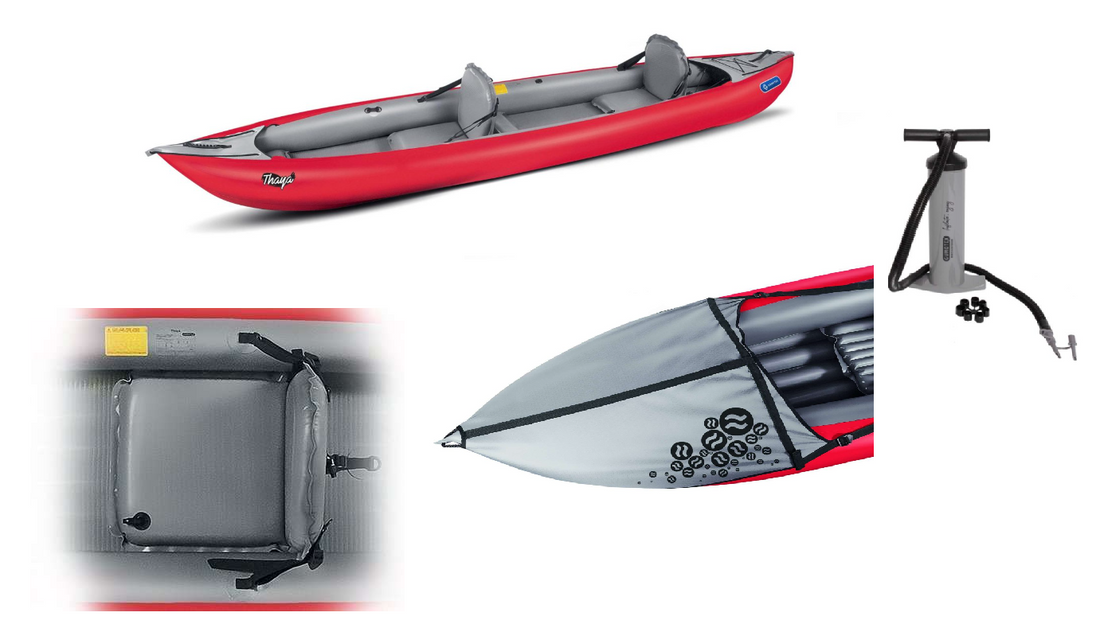 Red inflatable kayak with pump on a white background