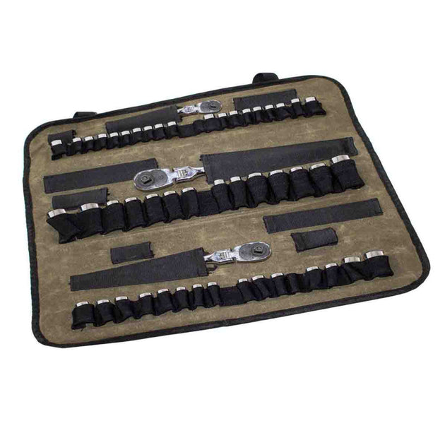 Overland Vehicle Systems rolled socket organizer bag made of brown waxed canvas with multiple pockets for socket storage