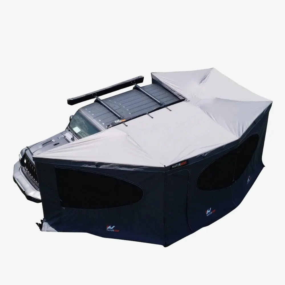Naturnest Wall Shelf mounted on awning with outdoor gear organized on shelves